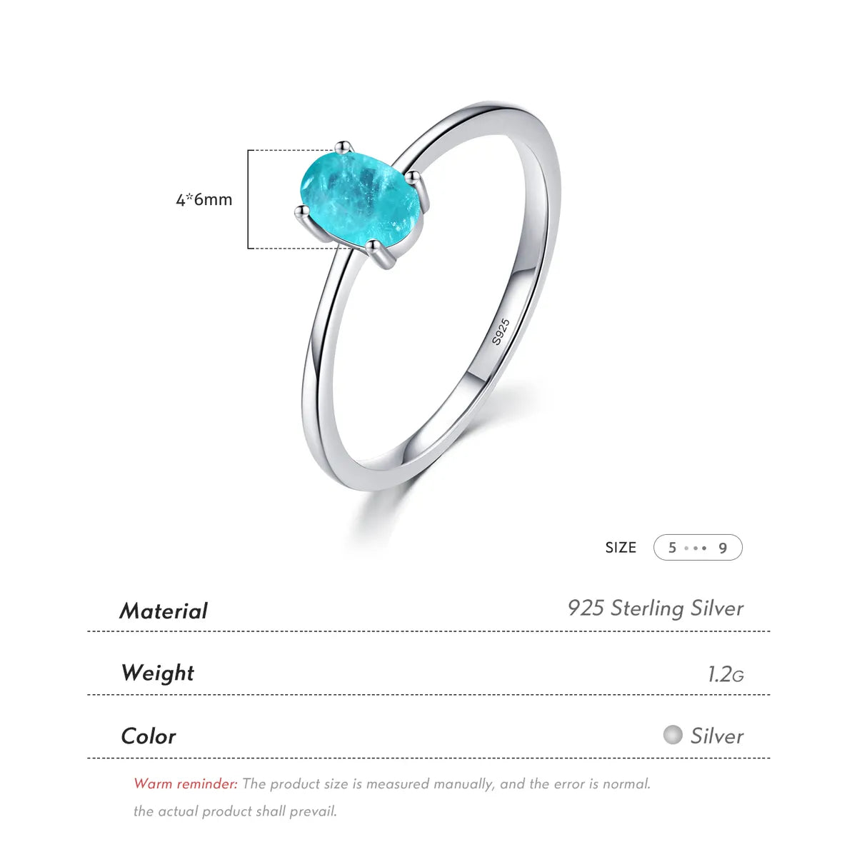 Simple S925 Sterling Silver Egg-Shaped Imitation Paraiba Tourmaline Ring Female