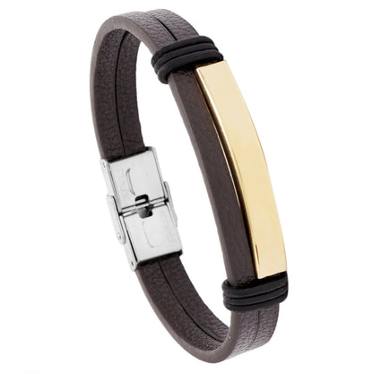 Simple Smooth Stainless Steel Men'S Leather Bracelet