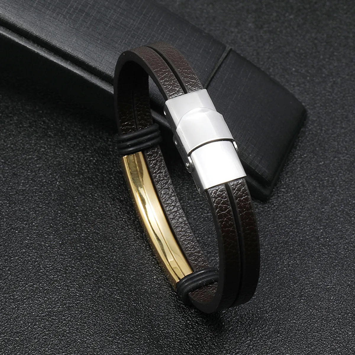 Simple Smooth Stainless Steel Men'S Leather Bracelet