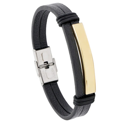 Simple Smooth Stainless Steel Men'S Leather Bracelet