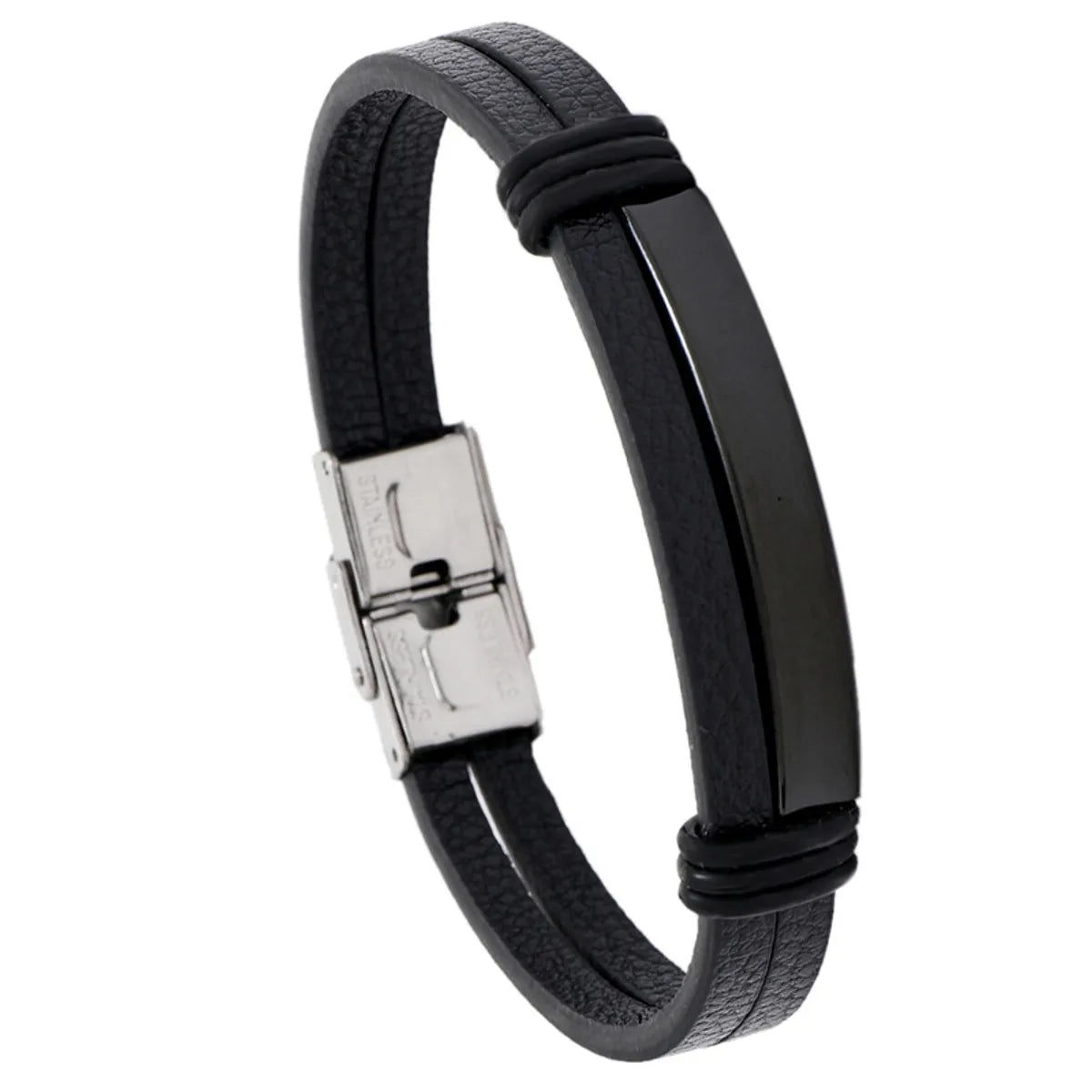 Simple Smooth Stainless Steel Men'S Leather Bracelet