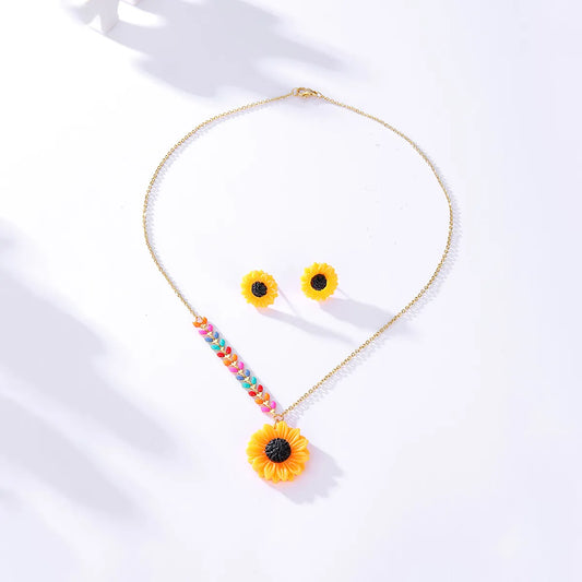 Simple Stainless Steel 18k Gold Sunflower Stud Earrings Necklace Set