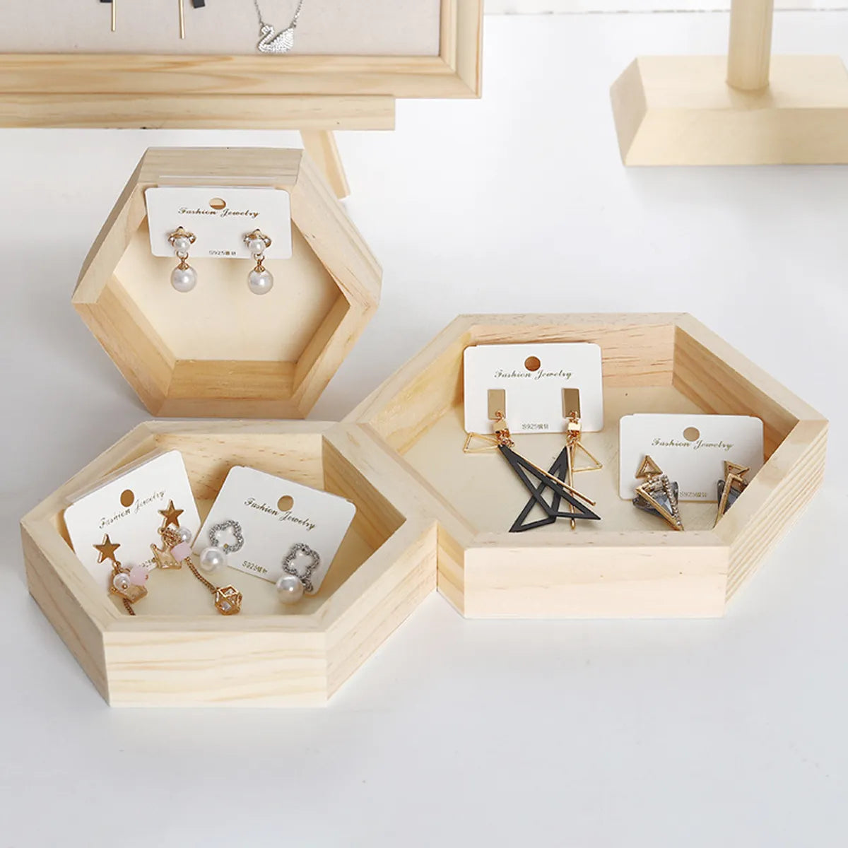 Simple Style Artistic Hexagon Solid Wood Jewelry Rack