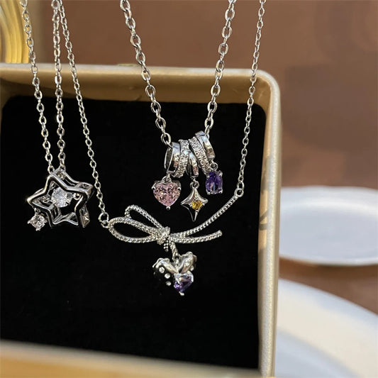 Simple Style Artistic Star Heart Shape Wings Steel Copper Inlay Opal Shell Zircon Pendant Necklace