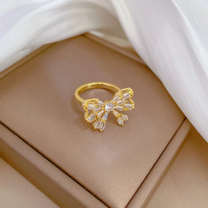 Simple Style Bow Knot Brass Zircon Open Ring In Bulk