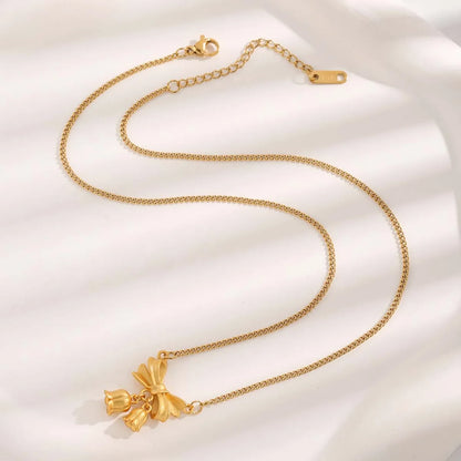 Simple Style Bow Knot Titanium Steel Plating Inlay Zircon Gold Plated Pendant Necklace