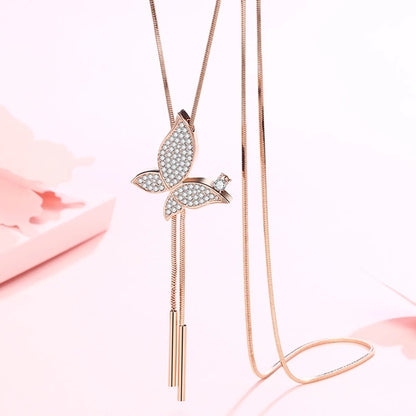 Simple Style Butterfly Alloy Copper Inlay Glass Women'S Sweater Chain Long Necklace