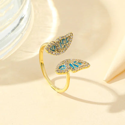 Simple Style Butterfly Copper Plating Inlay Zircon Gold Plated Open Rings