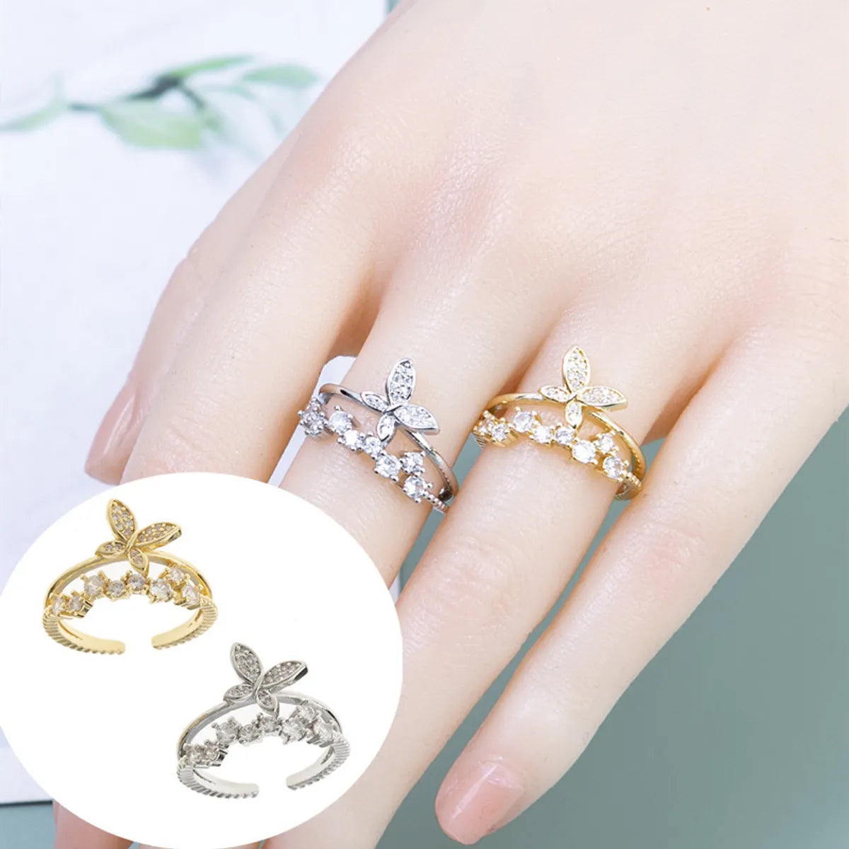 Simple Style Butterfly Copper Plating Inlay Zircon Open Rings