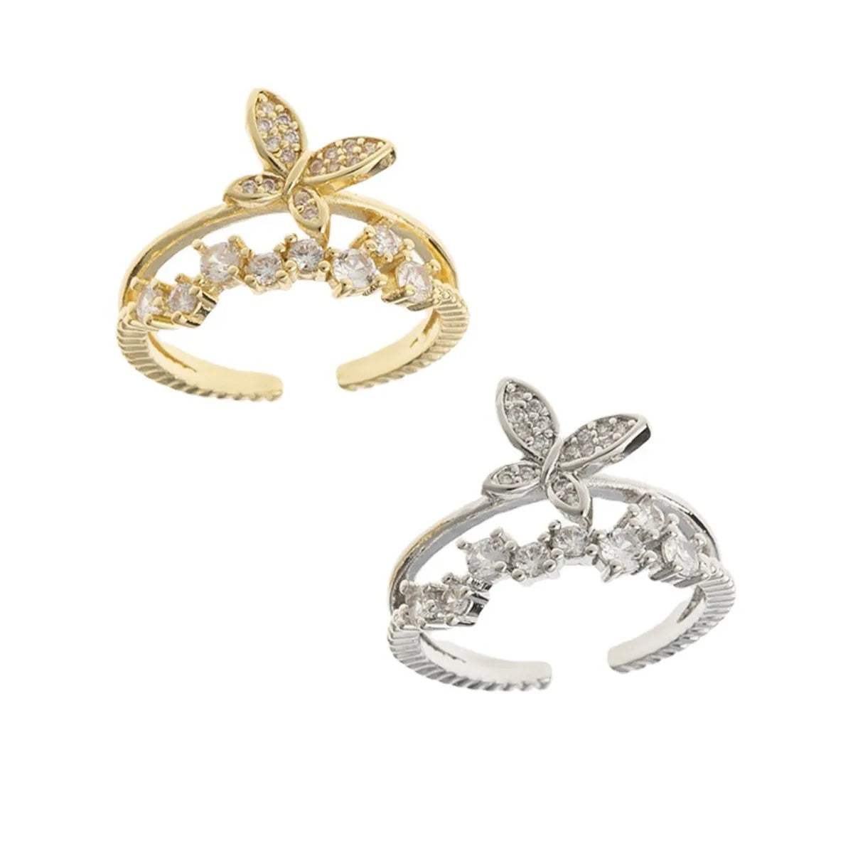 Simple Style Butterfly Copper Plating Inlay Zircon Open Rings