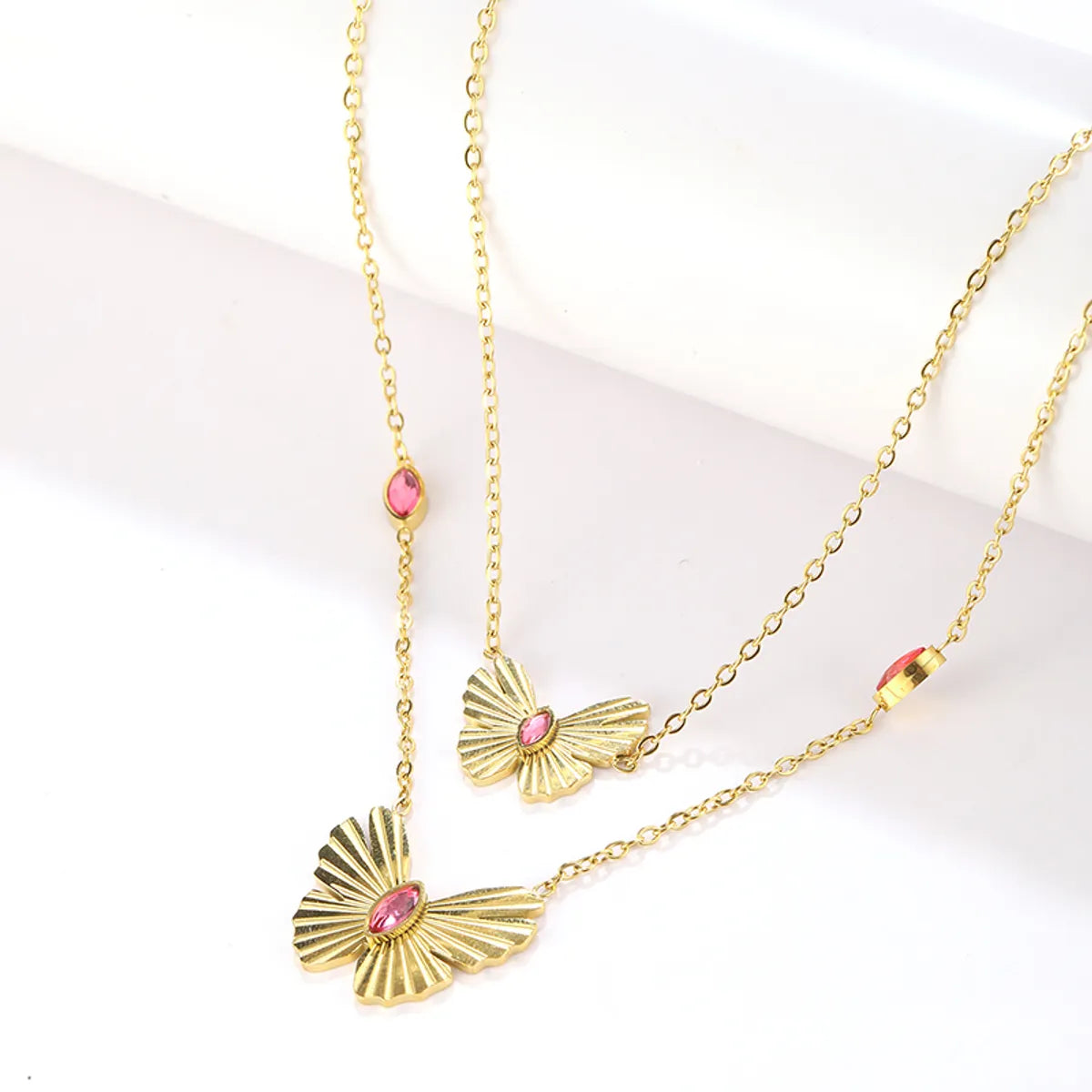 Simple Style Butterfly Stainless Steel Plating Inlay Artificial Rhinestones 18k Gold Plated Double Layer Necklaces