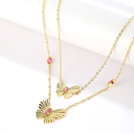 Simple Style Butterfly Stainless Steel Plating Inlay Artificial Rhinestones 18k Gold Plated Double Layer Necklaces