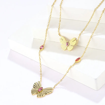 Simple Style Butterfly Stainless Steel Plating Inlay Artificial Rhinestones 18k Gold Plated Double Layer Necklaces