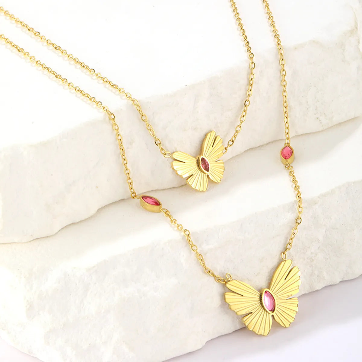 Simple Style Butterfly Stainless Steel Plating Inlay Artificial Rhinestones 18k Gold Plated Double Layer Necklaces