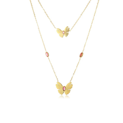 Simple Style Butterfly Stainless Steel Plating Inlay Artificial Rhinestones 18k Gold Plated Double Layer Necklaces