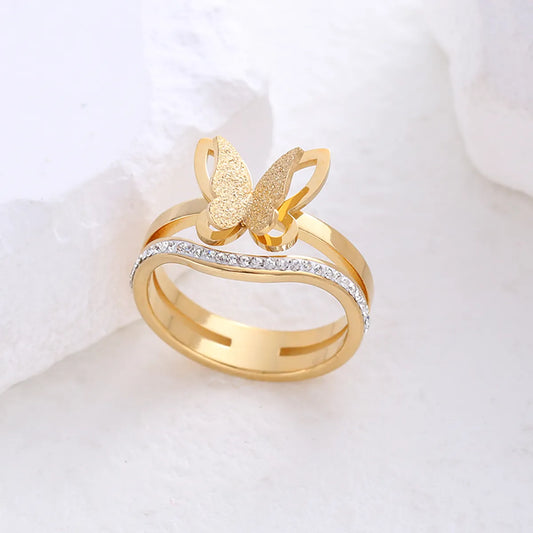 Simple Style Butterfly Stainless Steel Plating Inlay Rhinestones 24k Gold Plated Rings