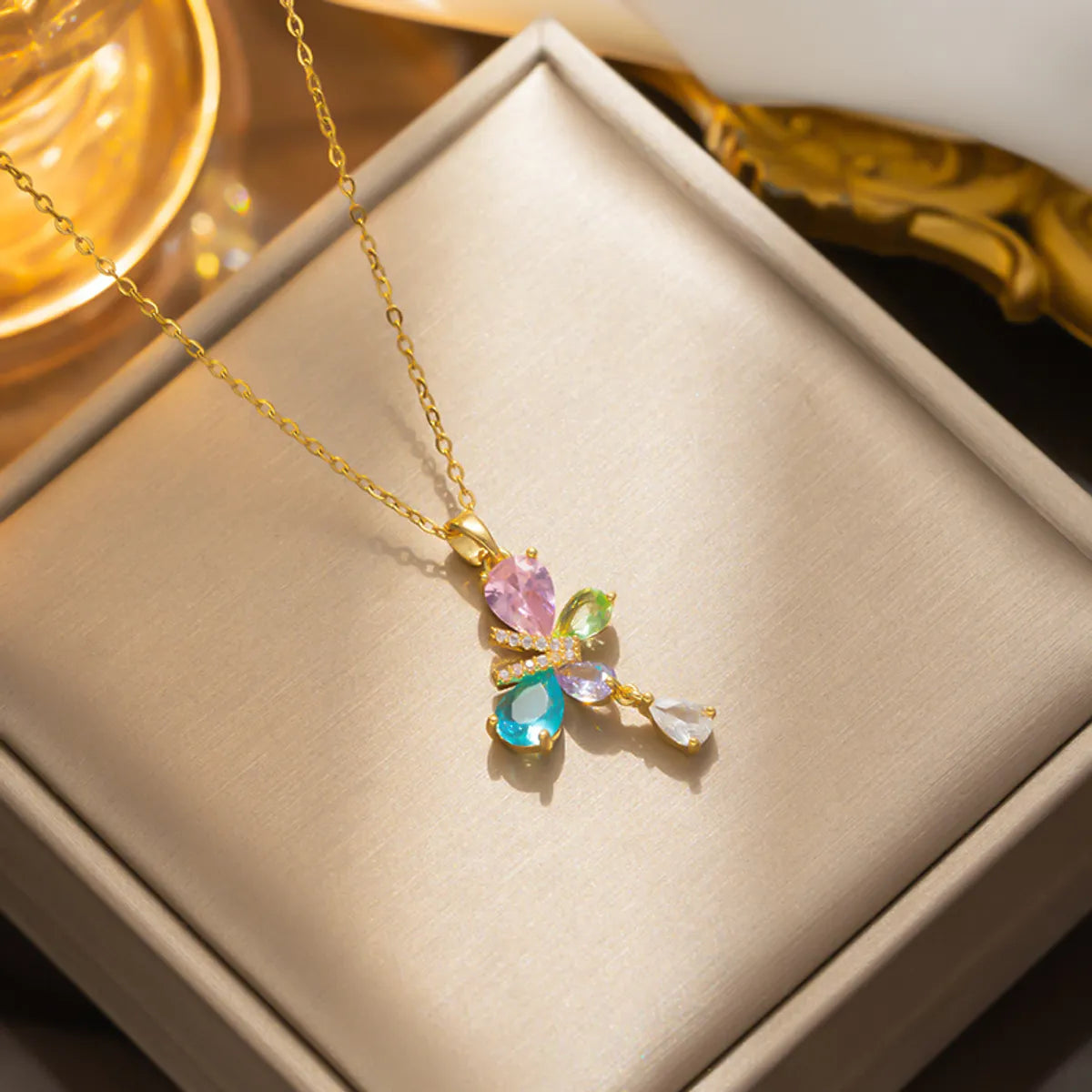 Simple Style Butterfly Stainless Steel Plating Inlay Zircon 18k Gold Plated Pendant Necklace