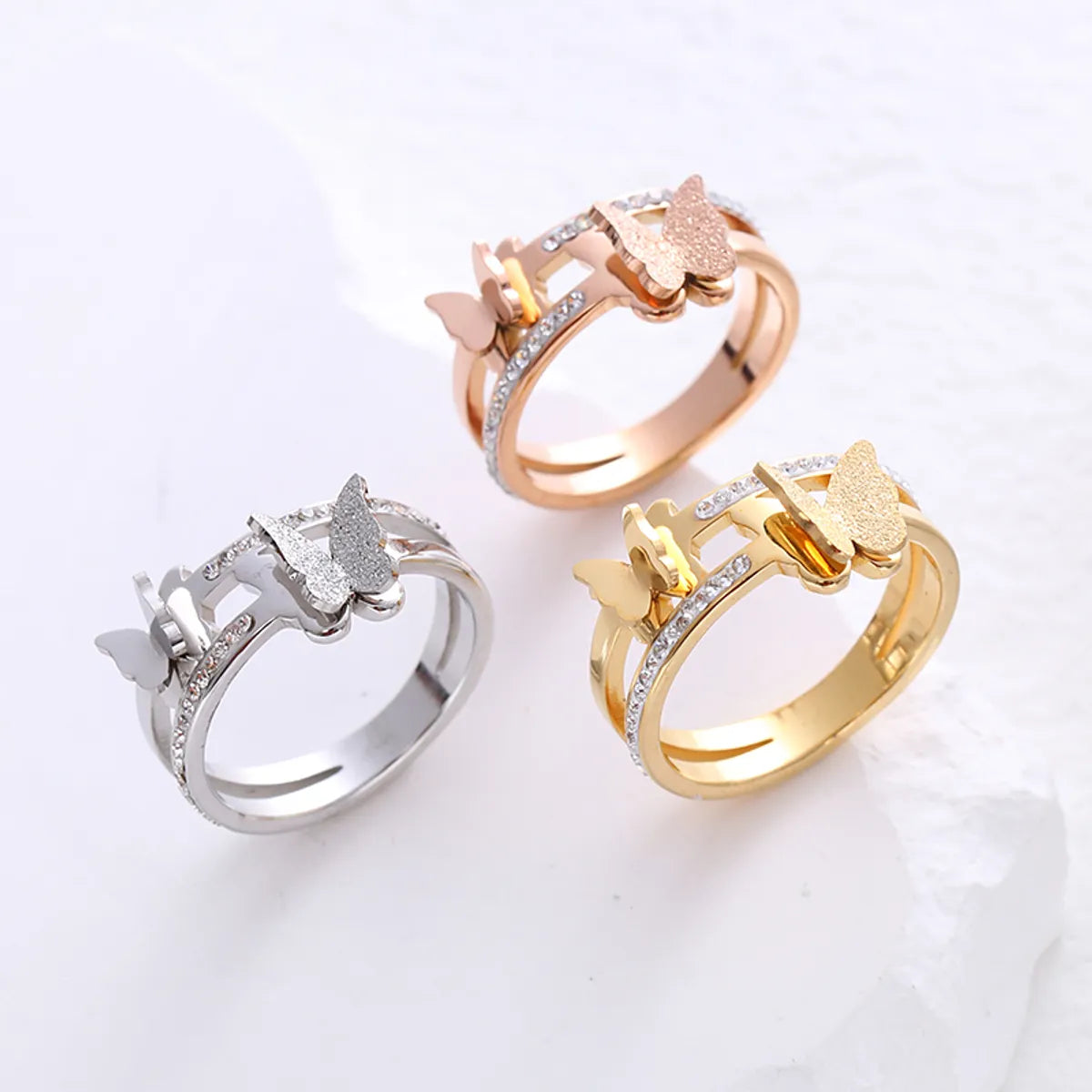 Simple Style Butterfly Stainless Steel Plating Inlay Zircon 24k Gold Plated Rings