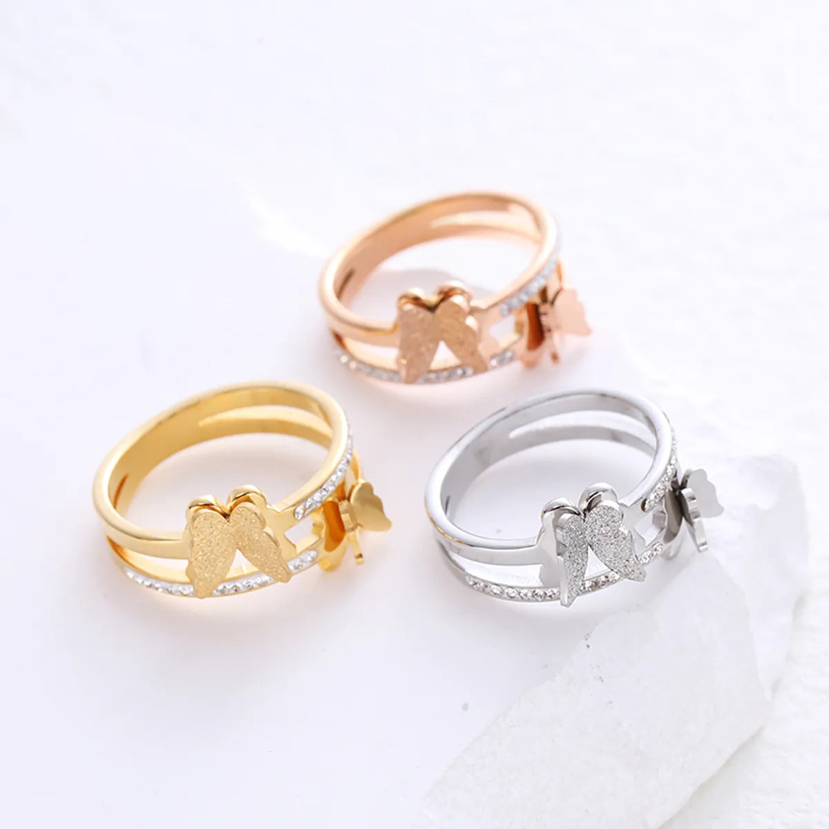 Simple Style Butterfly Stainless Steel Plating Inlay Zircon 24k Gold Plated Rings