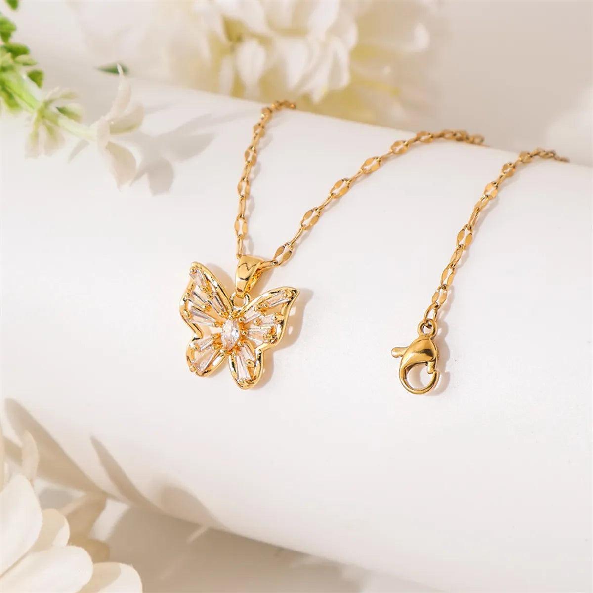 Simple Style Butterfly Stainless Steel Titanium Steel Plating Inlay Zircon 18k Gold Plated Pendant Necklace