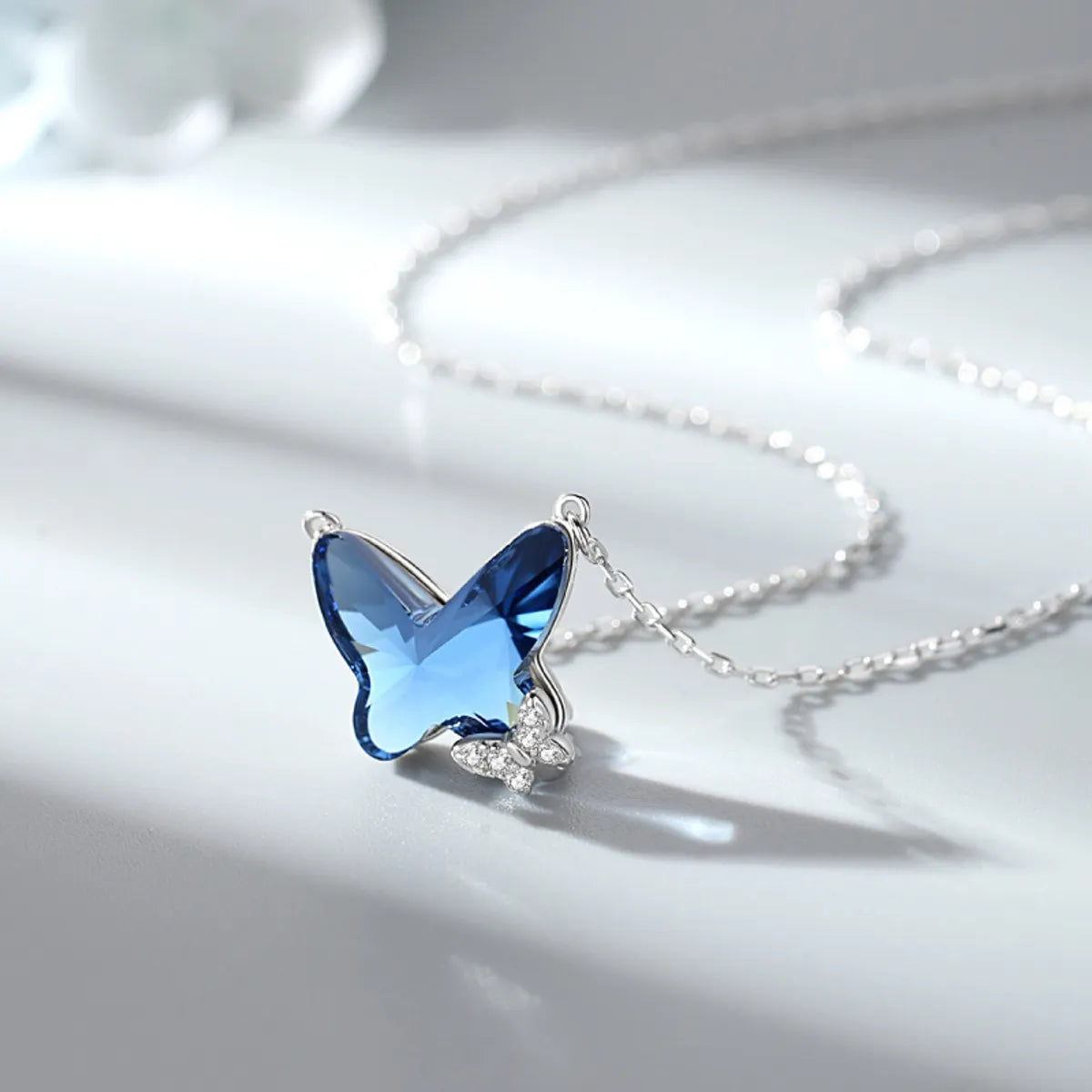 Simple Style Butterfly Sterling Silver Inlay Crystal Pendant Necklace