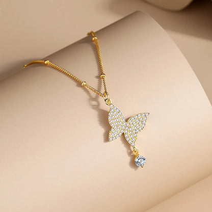 Simple Style Butterfly Sterling Silver Plating Inlay Zircon Pendant Necklace