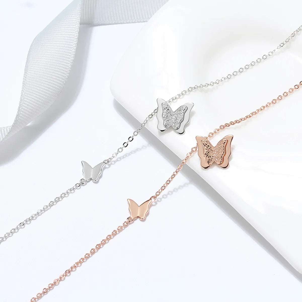 Simple Style Butterfly Sterling Silver Polishing Inlay Zircon Rose Gold Plated White Gold Plated Women'S Anklet