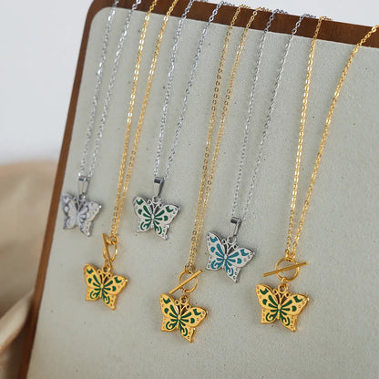 Simple Style Butterfly Titanium Steel Enamel Plating 18k Gold Plated Pendant Necklace