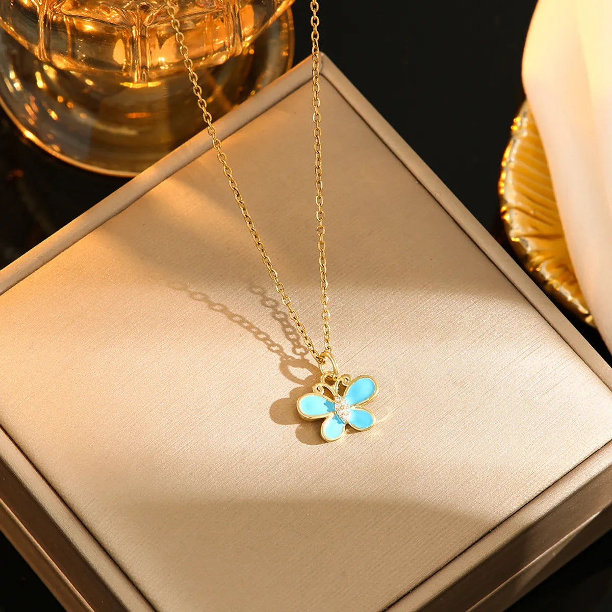 Simple Style Butterfly Titanium Steel Enamel Plating Inlay Resin Rhinestones Gold Plated Pendant Necklace