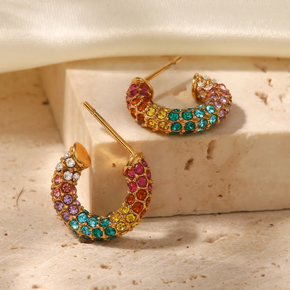 1 Pair Simple Style C Shape Inlay Stainless Steel Rhinestones 18k Gold Plated Ear Studs