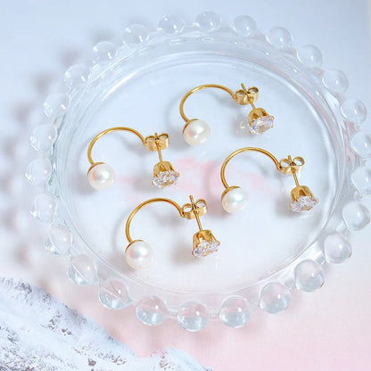 1 Pair Simple Style C Shape Inlay Titanium Steel Pearl Zircon Ear Studs