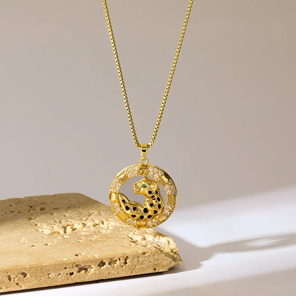 Simple Style Cheetah Print Stainless Steel Brass Plating Inlay Zircon 18k Gold Plated Pendant Necklace