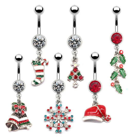 Simple Style Christmas Tree Snowflake Stainless Steel Copper Plating Inlay Rhinestones White Gold Plated Belly Ring