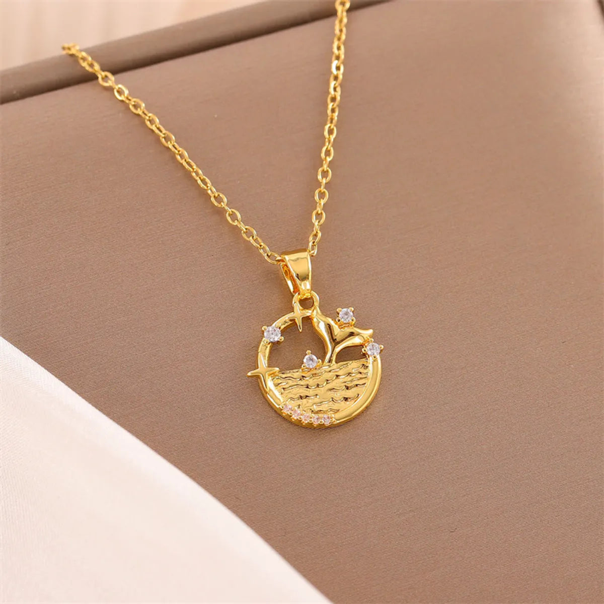 Stainless Steel Titanium Steel 18K Gold Plated Simple Style Plating Inlay Circle Heart Shape Flower Zircon Pendant Necklace