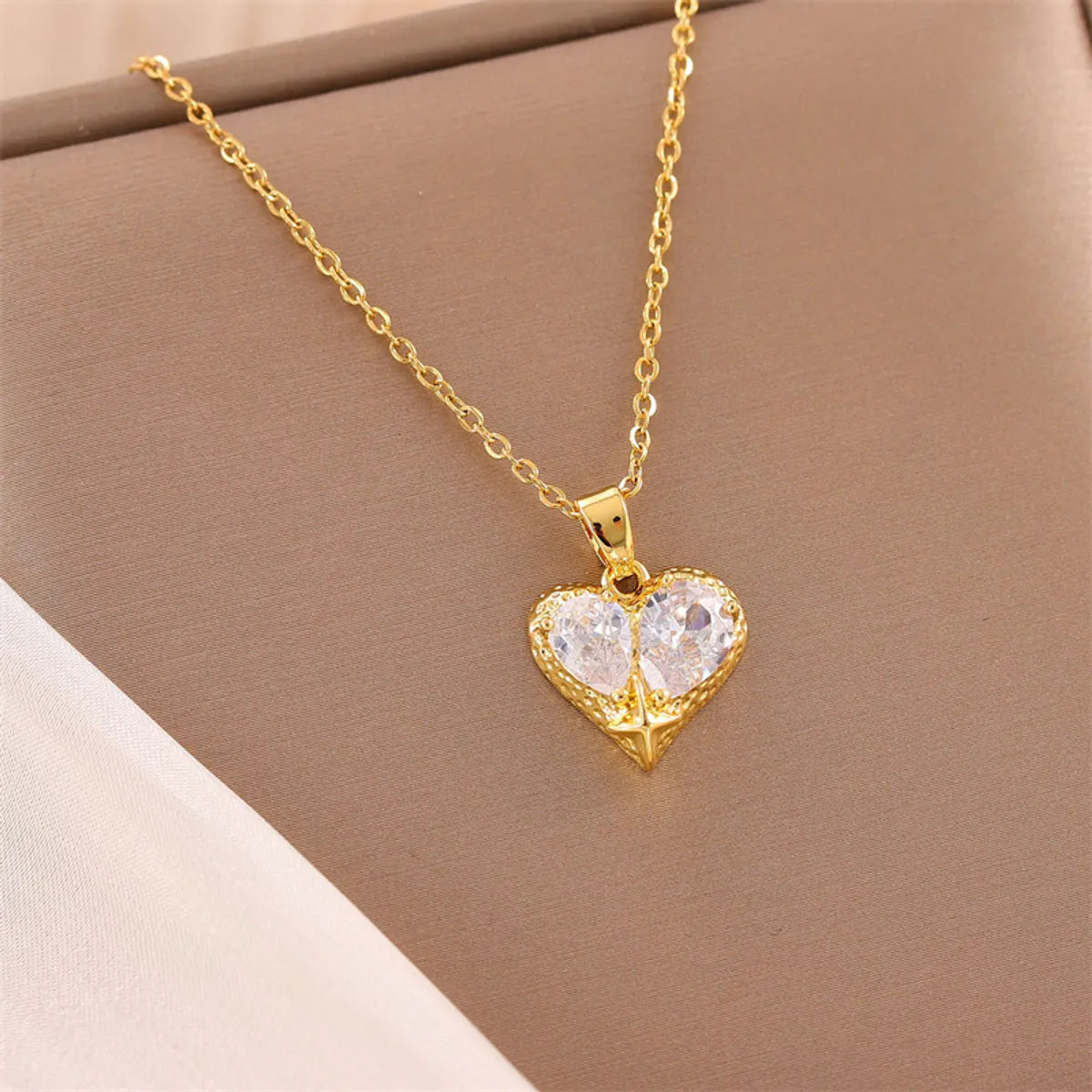 Stainless Steel Titanium Steel 18K Gold Plated Simple Style Plating Inlay Circle Heart Shape Flower Zircon Pendant Necklace