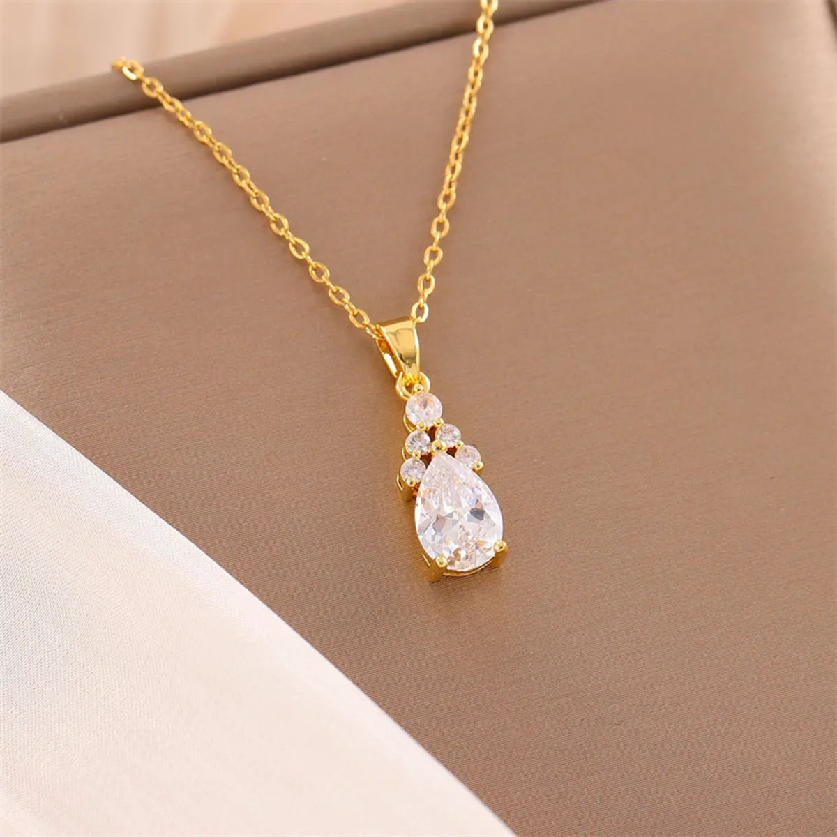 Stainless Steel Titanium Steel 18K Gold Plated Simple Style Plating Inlay Circle Heart Shape Flower Zircon Pendant Necklace