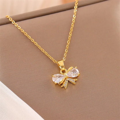 Stainless Steel Titanium Steel 18K Gold Plated Simple Style Plating Inlay Circle Heart Shape Flower Zircon Pendant Necklace