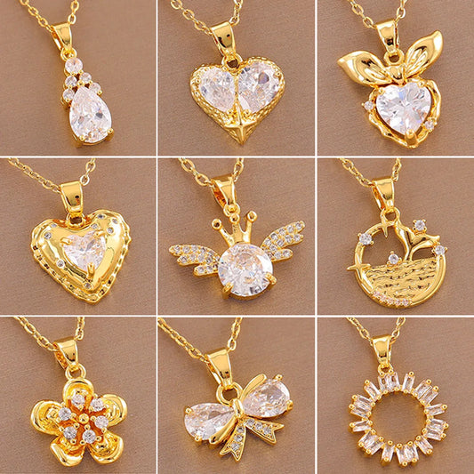 Stainless Steel Titanium Steel 18K Gold Plated Simple Style Plating Inlay Circle Heart Shape Flower Zircon Pendant Necklace