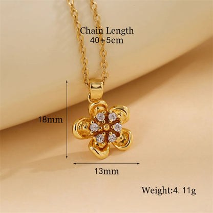 Stainless Steel Titanium Steel 18K Gold Plated Simple Style Plating Inlay Circle Heart Shape Flower Zircon Pendant Necklace