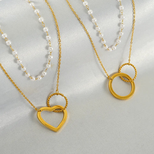 Simple Style Circle Heart Shape Stainless Steel Pearl Plating 18k Gold Plated Double Layer Necklaces