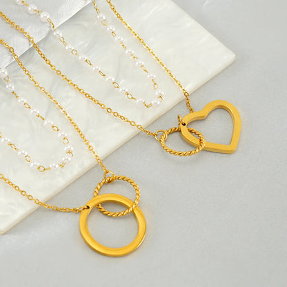 Simple Style Circle Heart Shape Stainless Steel Pearl Plating 18k Gold Plated Double Layer Necklaces