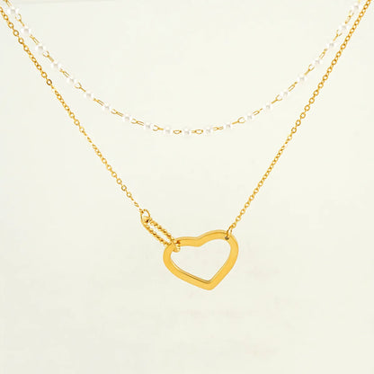 Simple Style Circle Heart Shape Stainless Steel Pearl Plating 18k Gold Plated Double Layer Necklaces