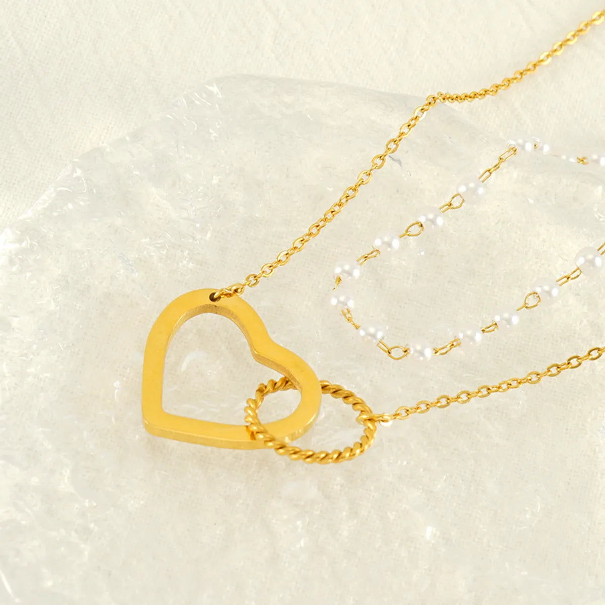 Simple Style Circle Heart Shape Stainless Steel Pearl Plating 18k Gold Plated Double Layer Necklaces