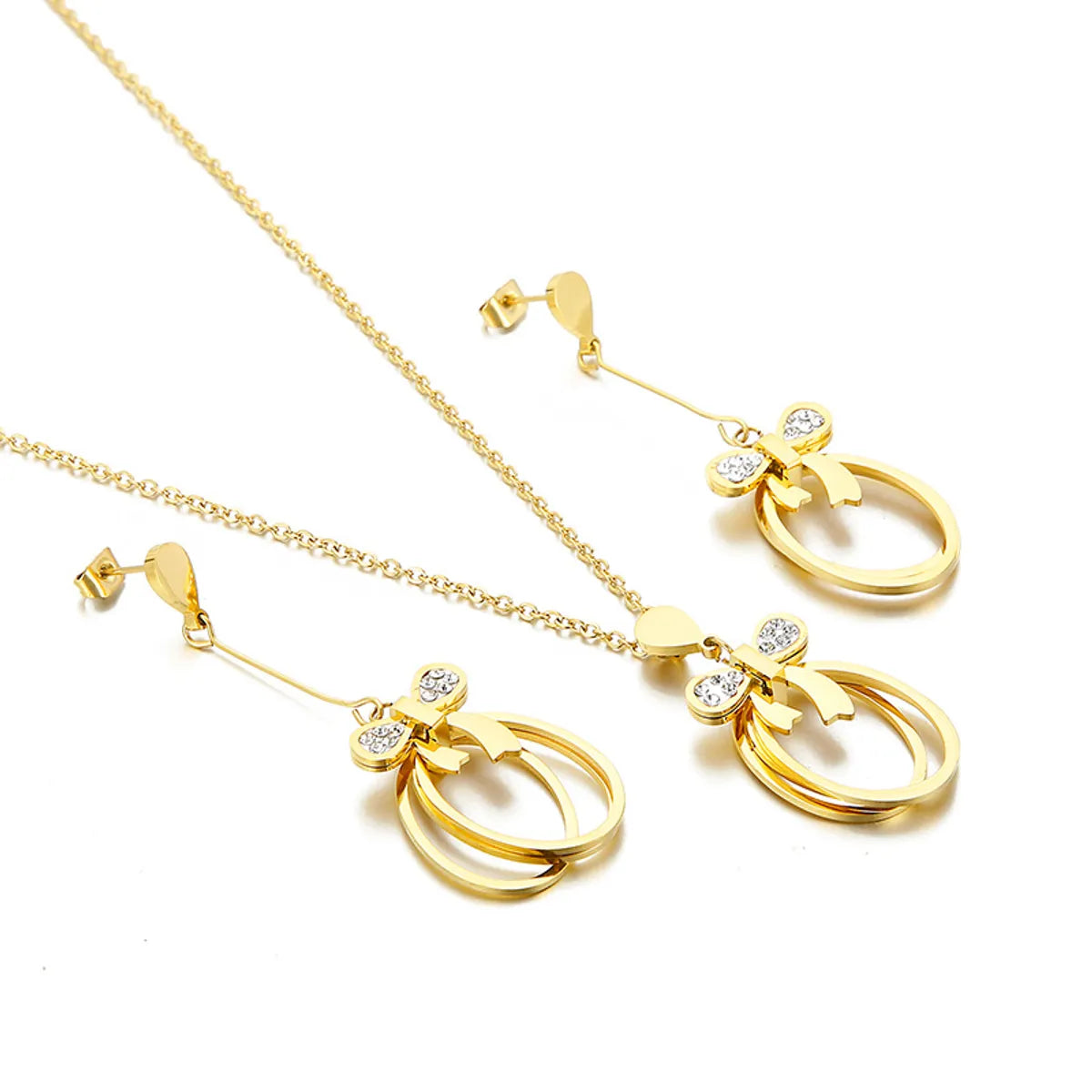 Simple Style Classic Style Bow Knot Stainless Steel Titanium Steel Inlay Zircon Jewelry Set