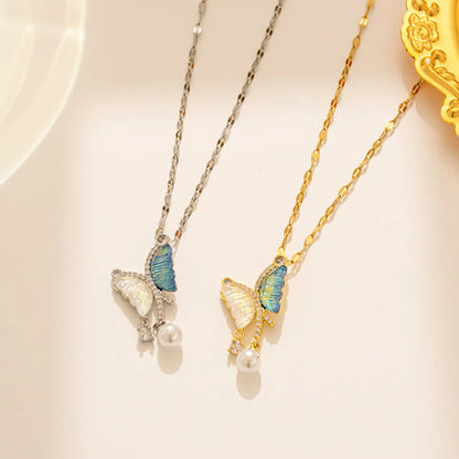 Simple Style Classic Style Butterfly Stainless Steel Plating Inlay Pearl Zircon 18k Gold Plated Pendant Necklace