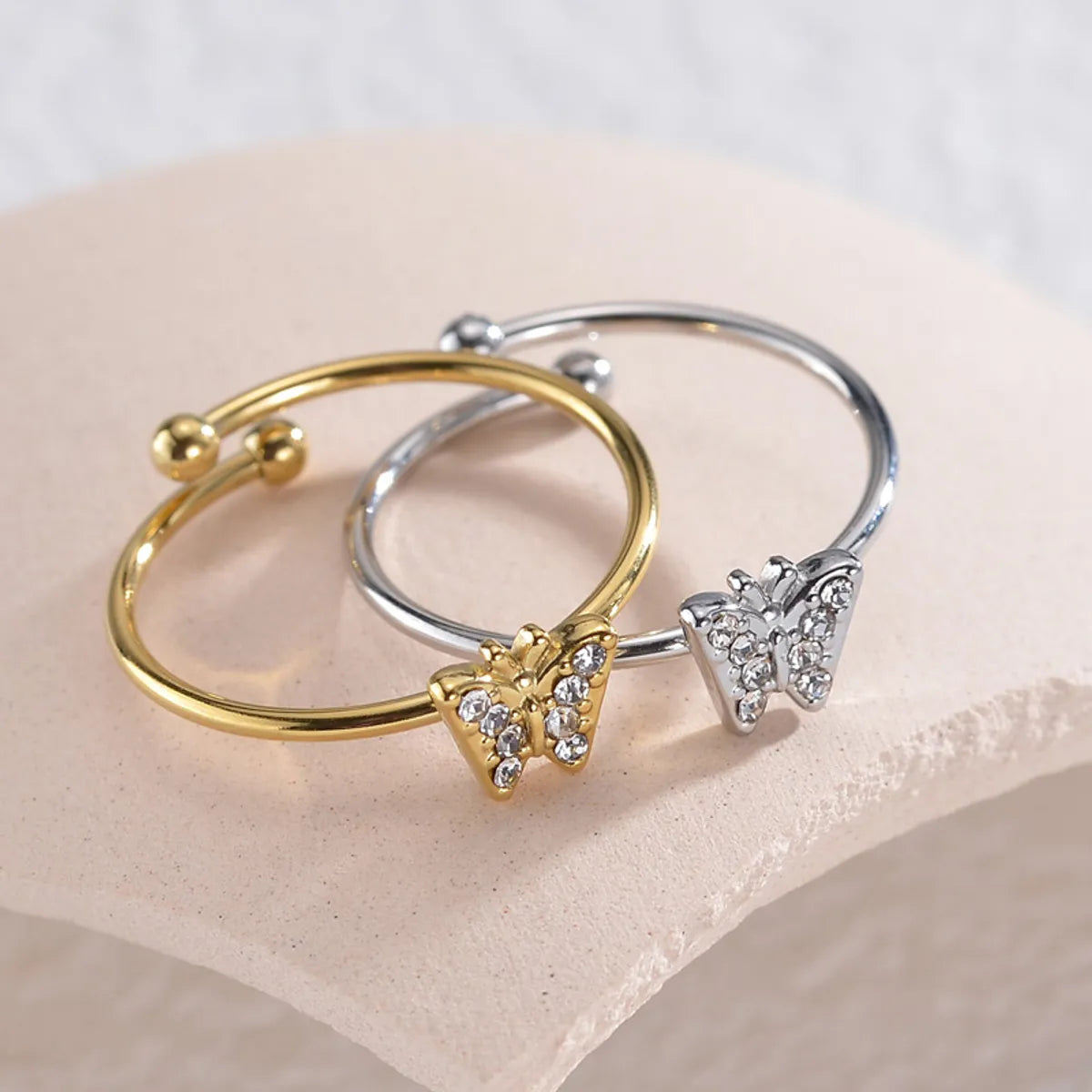 Simple Style Classic Style Butterfly Stainless Steel Plating Inlay Rhinestones 14k Gold Plated Open Rings