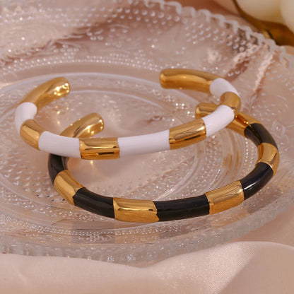 Simple Style Classic Style C Shape Color Block Stainless Steel Enamel Plating 18k Gold Plated Cuff Bracelets