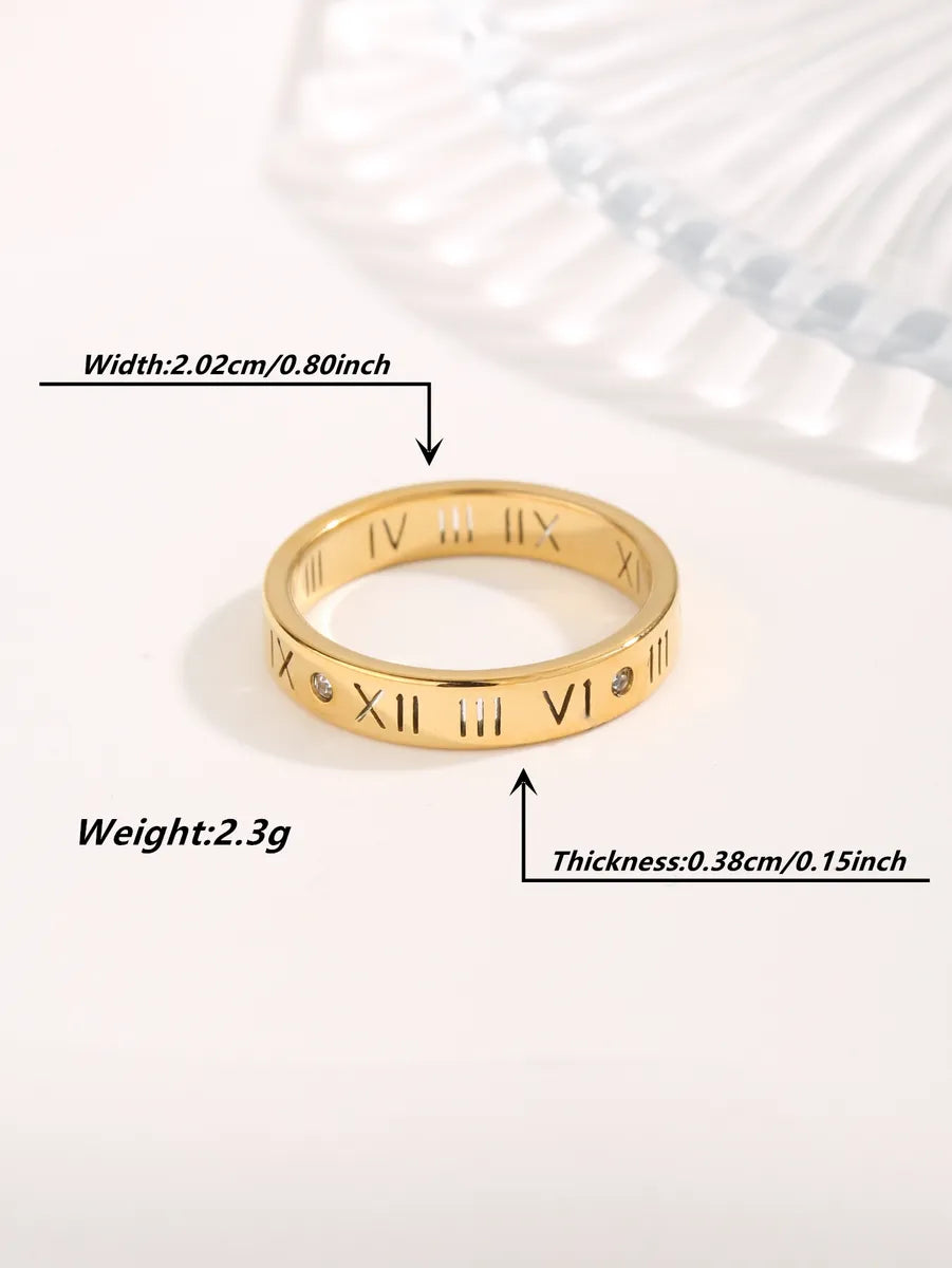 Simple Style Classic Style Circle Roman Numeral Checkered Titanium Steel Copper Plating Inlay Zircon Gold Plated Rings