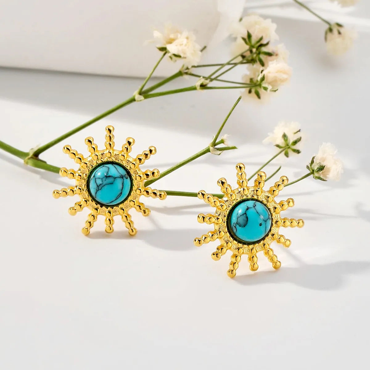 Simple Style Classic Style Color Block Plating Inlay Stainless Steel Turquoise 18K Gold Plated Ear Studs