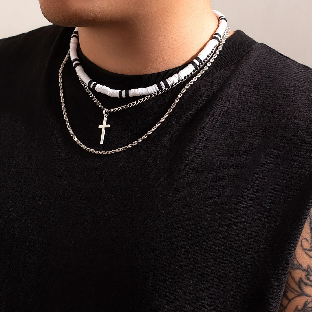 Simple Style Classic Style Cross Alloy Soft Clay Beaded Plating Men'S Layered Necklaces